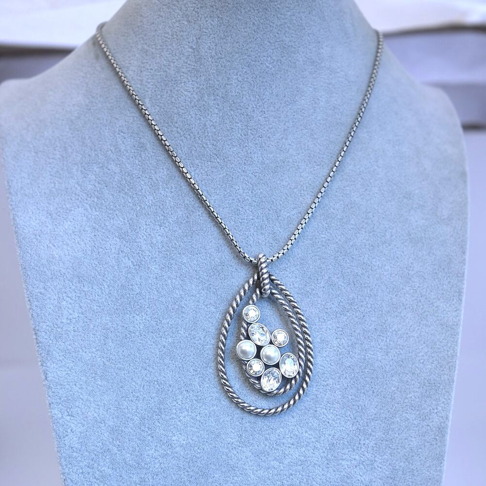 Brighton Monte Carlo Teardrop Pendant Necklace Rhinestone Pearl Silver Retired